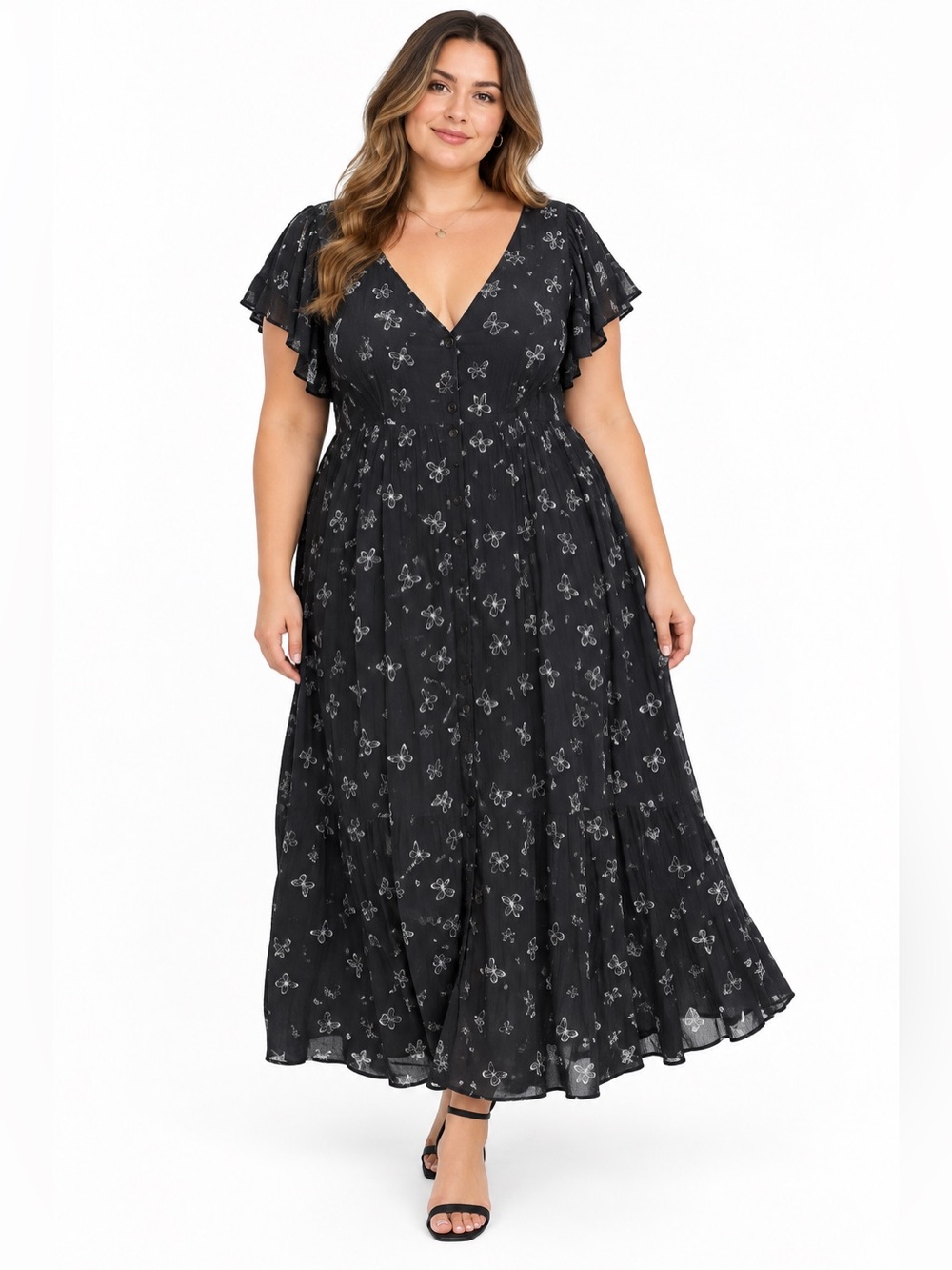 Daisy Street Dress Womens Size 3X Black Floral Button Front Midi Maxi Ruffle